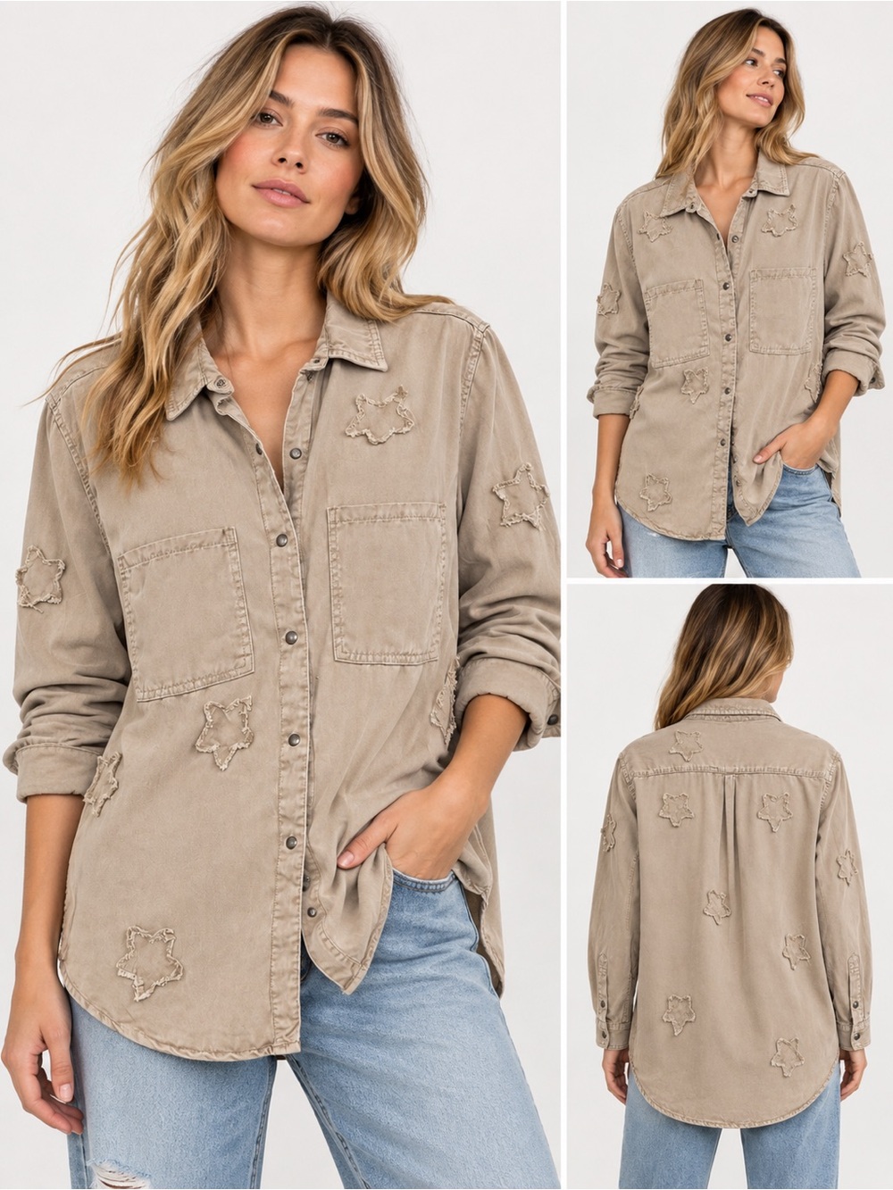 Women’s Taupe Star-Appliqué Button Down Shirt